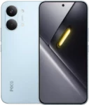 A front and back view of the POCO X8 Pro smartphone in a light pastel blue. The back features two large, vertically aligned circular camera lenses and a dual-LED flash. The front shows a flat display with slim bezels, a centered punch-hole camera, and a dark geometric wallpaper with a glowing yellow accent.