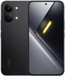 A front and back view of the POCO X8 Pro Max smartphone in a matte black finish. The rear design includes two prominent circular camera housings and two small flash units. The front features a large edge-to-edge display with a centered selfie camera and a sleek, dark-themed wallpaper featuring a diagonal metallic fold and a glowing yellow pill shape.