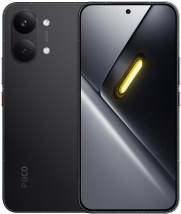 A front and back view of the POCO X8 Pro Max smartphone in a matte black finish. The rear design includes two prominent circular camera housings and two small flash units. The front features a large edge-to-edge display with a centered selfie camera and a sleek, dark-themed wallpaper featuring a diagonal metallic fold and a glowing yellow pill shape.