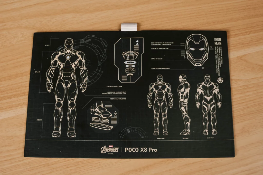 The other side of the art card from the POCO X8 Pro Iron Man Edition showing an engineering schematic of the Iron Man suit.