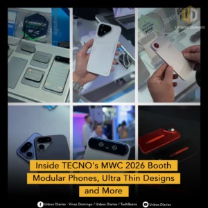 A collage of six photos showcasing TECNO's mobile technology at MWC 2026. The images feature several innovative smartphone designs, including a modular phone system with detachable components, ultra-thin white and red handsets with unique triangular camera modules, and a device featuring an external LED dot-matrix display showing a "smiley face" icon. A yellow text overlay at the bottom reads, "Inside TECNO's MWC 2026 Booth: Modular Phones, Ultra Thin Designs and More," with social media credits for Unbox Diaries and TechBeans.