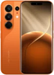 Front and back view of a TECNO CAMON 50 Ultra smartphone in a vibrant orange color. The back features a vertical array of three large camera lenses and a flash. The front shows a curved edge-to-edge display with a pill-shaped cutout at the top, displaying a sleek, abstract golden-brown wallpaper.