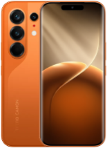 Front and back view of a TECNO CAMON 50 Ultra smartphone in a vibrant orange color. The back features a vertical array of three large camera lenses and a flash. The front shows a curved edge-to-edge display with a pill-shaped cutout at the top, displaying a sleek, abstract golden-brown wallpaper.
