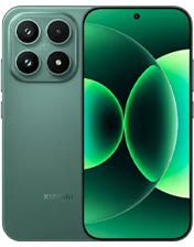 Rear and front view of a Xiaomi 17 smartphone in a muted forest green. The back features a square camera housing with four circular lenses arranged in a grid. The front displays a flat screen with a centered hole-punch camera and a wallpaper featuring glowing green spheres.