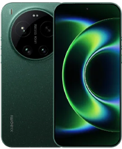 Rear and front view of a Xiaomi 17 Ultra in dark emerald green with a textured, shimmering finish. The back is dominated by a large, circular camera module containing four lenses and Leica branding. The front shows a curved-edge display with a wallpaper of abstract, concentric green light rings.