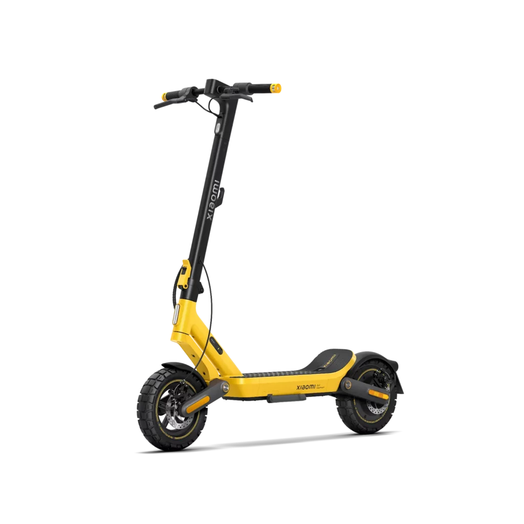 A studio shot of a Xiaomi Electric Scooter 6 Ultra in a distinctive "Lightning Yellow" and black color scheme. It features 12-inch all-terrain tires, a dual-swing-arm suspension, and disc brakes.