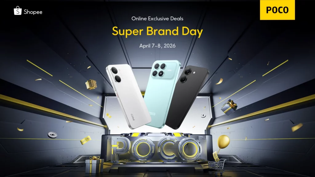 A high-tech, futuristic promotional banner for "POCO Super Brand Day" on Shopee, dated April 7–8, 2026. Three POCO smartphones in white, light blue, and black are displayed floating in a dark, metallic sci-fi hallway filled with gold confetti, gift boxes, and a 3D "POCO" sign. The POCO logo is prominently featured in a yellow box in the top right corner.