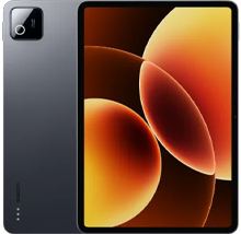 Back and front view of a Xiaomi Pad 8 tablet in matte space gray. The rear has a small, square camera module in the top corner. The front shows slim, uniform bezels surrounding a large display featuring an abstract wallpaper with warm orange and amber glowing orbs.