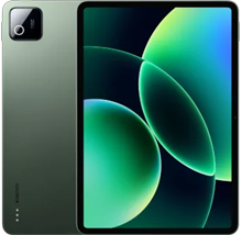 Back and front view of a Xiaomi Pad 8 Pro tablet in a soft sage green. The design includes a square rear camera island and a large front display. The screen is shown with a vibrant wallpaper of layered, translucent green spheres against a dark background.