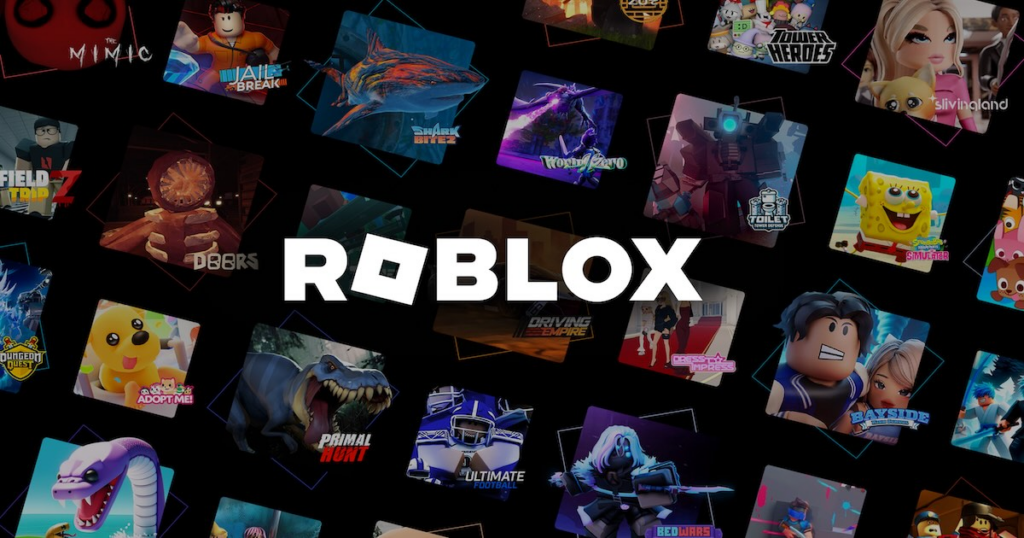 A collage of various colorful Roblox game thumbnails featuring different genres like "Jailbreak," "Adopt Me!", and "Doors." The white "ROBLOX" logo is centered over the dark background.
