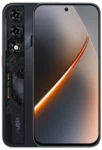 Front and back view of the nubia Neo 5 5G in "Black." The rear design is heavily stylized with a "mecha" aesthetic, featuring gold lettering that reads "BORN TO WIN" and intricate mechanical circuit patterns visible under a decorative strip. The camera module houses three lenses. The front display features a wallpaper with a curved, glowing orange light beam against a dark gradient background.