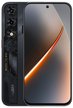 Front and back view of the nubia Neo 5 5G in "Black." The rear design is heavily stylized with a "mecha" aesthetic, featuring gold lettering that reads "BORN TO WIN" and intricate mechanical circuit patterns visible under a decorative strip. The camera module houses three lenses. The front display features a wallpaper with a curved, glowing orange light beam against a dark gradient background.