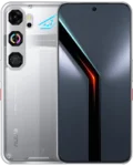 A silver nubia Neo 5 GT smartphone shown from two angles. The front displays a slim-bezel screen with a dark, geometric wallpaper. The back has a metallic, industrial aesthetic with three vertically aligned camera lenses in hexagonal housings, neon blue accents, and a textured finish.