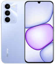 Front and back view of the realme C83 in a light lavender or "Sky Blue" finish. The rear features three vertically aligned camera lenses housed in a translucent rectangular island. The front shows a large display with a centered waterdrop notch and a vibrant purple and blue bubble-themed wallpaper.