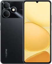 Front and back view of the realme Note 80 in a classic black finish. The back design includes a glossy top section with two large circular camera lenses and a smaller flash, contrasted by a matte lower section. The front screen displays a waterdrop notch and a bright yellow-and-orange smooth pebble wallpaper.