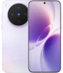 Front and back view of the vivo X300s in a soft Lavender gradient finish. The rear houses a circular camera housing with Zeiss optics, and the front features a flat-edged display with slim bezels and a purple-toned fluid wallpaper.