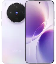 Front and back view of the vivo X300s in a soft Lavender gradient finish. The rear houses a circular camera housing with Zeiss optics, and the front features a flat-edged display with slim bezels and a purple-toned fluid wallpaper.