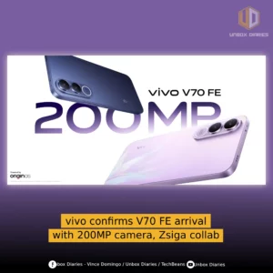 Promotional graphic for the vivo V70 FE featuring two smartphones—one in dark blue and one in "Muse Purple"—floating against a purple gradient background. Large, stylized text in the center reads "200MP," with the "Unbox Diaries" logo in the top right corner and a yellow banner at the bottom announcing the 200MP camera and Zsiga collaboration.