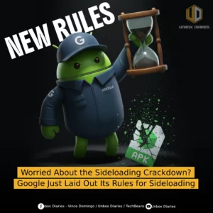 A digital illustration featuring a 3D Android mascot dressed as a security guard in a dark blue Google uniform. The mascot holds an hourglass in one hand, while an APK file icon on the ground appears to be shattering. Large text at the top reads "NEW RULES," and a yellow banner at the bottom contains the article title: "Worried About the Sideloading Crackdown? Google Just Laid Out Its Rules for Sideloading."