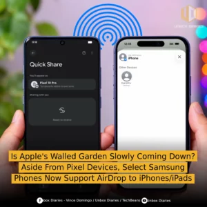 A social media thumbnail from Unbox Diaries. It features a person holding a Samsung/Pixel device and an iPhone side-by-side with a wireless signal icon between them. Overlaying the image is the article title: "Is Apple's Walled Garden Slowly Coming Down? Aside From Pixel Devices, Select Samsung Phones Now Support AirDrop to iPhones/iPads."