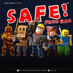 A digital graphic titled "SAFE! FROM BAN" in bold red and white text. It features five diverse Roblox avatars, including a knight, a cardboard robot, a construction worker, and a pirate, standing together against a dark, starry background. The "Unbox Diaries" branding is visible at the top and bottom.