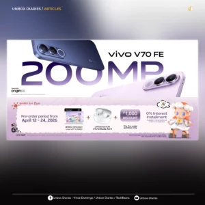 A screenshot of an article from "Unbox Diaries" featuring the vivo V70 FE promotional banner. The layout displays the phone's key specifications, the Zsiga collaboration character, and the pre-order gift set.