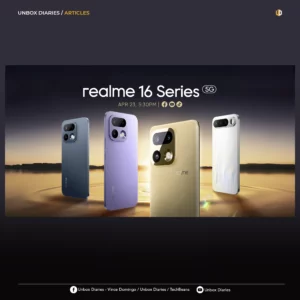 A promotional banner for the realme 16 Series 5G featuring four smartphones in different colors: Pebble Grey, Orchid Purple, Master Gold, and White. The phones are displayed over a serene, golden water-reflection background at sunset. The text reads "realme 16 Series 5G" and lists a launch date of "Apr 23, 5:30 PM."