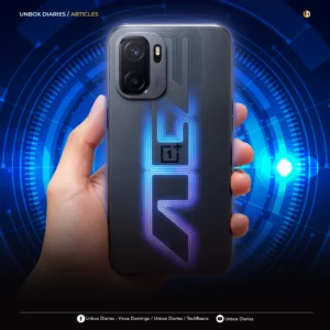 A high-quality digital graphic showing a hand holding the OnePlus Ace 6 Ultra against a vibrant blue technological background featuring circular HUD (Heads-Up Display) elements. The back of the dark grey phone is highlighted by a glowing blue and purple neon "ACE" logo made of concentric lines, with the OnePlus logo centered inside the design. The image includes branding for "Unbox Diaries" at the top and social media handles at the bottom.