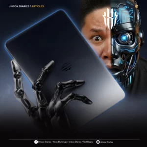 A digital collage for an "Unbox Diaries" article. It shows a dark tablet held by a robotic hand on the left, and a split-face portrait on the right—half a real person and half a glowing blue cybernetic android.