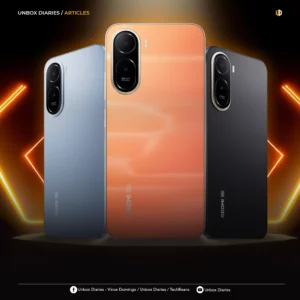 A promotional graphic for the Redmi A7 Pro 5G featuring three smartphones in Light Blue, Sunset Orange, and Matte Black. The phones are shown from the back, highlighting a vertically aligned dual-camera system with gold accents. The top of the image includes the text 'UNBOX DIARIES / ARTICLES' in the corner.