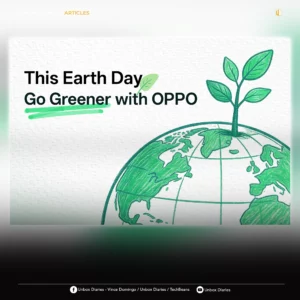 A wide-format graphic featuring the "Go Greener with OPPO" Earth Day illustration. The top left corner is labeled "UNBOX DIARIES / ARTICLES," and the bottom includes social media handles for Unbox Diaries, Vince Domingo, and TechBeans against a dark gradient background.