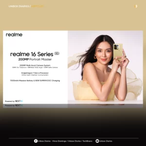 A social media graphic or website header for "Unbox Diaries / Articles." The center features the same promotional image of a woman holding the gold realme 16 Series 5G smartphone alongside the device's key technical specifications. The background is a solid tan color, and the bottom of the image includes social media handles for Unbox Diaries, Vince Domingo, and TechBeans on Facebook and YouTube.