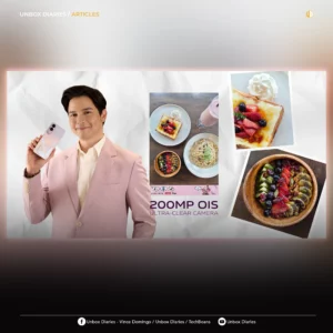 A promotional banner for Unbox Diaries featuring Filipino actor Alden Richards in a pink suit holding the vivo V70 FE. The graphic includes a central spread of food photos (pasta, toast, and a smoothie) alongside cropped, close-up versions of the same images to demonstrate the "200MP OIS Ultra-Clear Camera" capabilities.