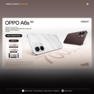 An advertisement for the **OPPO A6s 5G** smartphone featuring two devices: one in **Ice White** with a feathered, wavy texture and another in **Cappuccino Brown** with a smooth matte finish. The image highlights the phone's large **7000mAh battery** and **IP69 water and dust resistance** alongside a "Pre-Order Now" call to action. On the left, a benefits card outlines limited-time offers valid until **April 30, 2026**, including discounts of up to **₱2,000** and a **free portable fan** with purchase. The overall design is clean and modern, emphasizing long-term performance and "60-Month Fluency Protection."