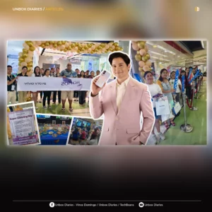 A digital graphic for an article by Unbox Diaries. It features a composite image of the vivo V70 FE launch event, centered on a cutout of brand ambassador Alden Richards. The layout includes scenes of customers queuing, staff holding a promotional banner, and event displays. Social media handles for Unbox Diaries and TechBeans are listed at the bottom against a dark gradient background.