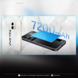 A digital illustration highlighting the battery capacity of the vivo Y31d. It shows a white smartphone standing next to an open chassis of a phone, where a large blue-tiled battery module is being lowered into place. Large 3D text in the background displays "7200mAh."