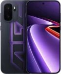 A sleek OnePlus Ace 6 Ultra is shown from both the front and back against a plain background, highlighting its modern aesthetic. The rear of the device features a dark matte finish with a large, stylized "ACE" logo rendered in a purple geometric pattern, alongside a vertical dual-camera module in the upper left corner. The front showcases a nearly bezel-less display with a centered punch-hole camera, featuring a vibrant abstract wallpaper with fluid curves of purple, orange, and red that transition into deep shadows.