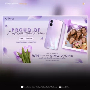 A wide social media post featuring a vivo Mother’s Day giveaway graphic. The central image showcases a lavender vivo V70 FE smartphone alongside a happy family portrait in a white frame decorated with paper hearts. The headline states "PROUD OF My Beautiful Mom" for the #vivoBestMom2026 campaign. The overall design uses a soft purple aesthetic with tulip accents. The bottom of the image includes social media handles for Unbox Diaries, Vince Domingo, and TechBeans.