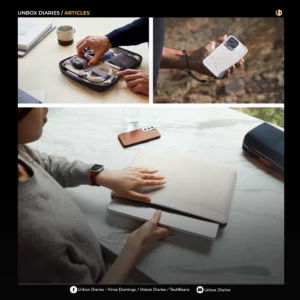 A promotional collage featuring three Bellroy products: at the top left, an open tech organizer filled with cables; at the top right, a water-resistant phone case being held outdoors; and a large bottom image showing a laptop being tucked into a minimalist cream sleeve on a marble desk. The Unbox Diaries logo and social media handles are displayed at the top and bottom.