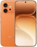 A front and back view of the HONOR 600 smartphone in a vibrant Orange color. The back features a square camera island housing two large circular lenses stacked vertically, accompanied by an LED flash. The front display features the same pill-shaped cutout and warm, abstract bronze-toned wallpaper as the Pro model, highlighting a slim-bezel design.