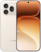 A front and back view of the HONOR 600 Pro smartphone in a Cream/Off-White color. The back features a prominent square camera island with three large circular lenses arranged in a triangular pattern. The front shows a full-screen display with a centered pill-shaped cutout at the top and a warm, flowing abstract wallpaper in shades of bronze and gold.