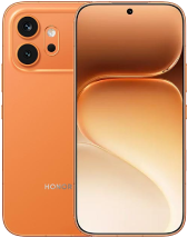 A front and back view of the HONOR 600 smartphone in a vibrant Orange color. The back features a square camera island housing two large circular lenses stacked vertically, accompanied by an LED flash. The front display features the same pill-shaped cutout and warm, abstract bronze-toned wallpaper as the Pro model, highlighting a slim-bezel design.