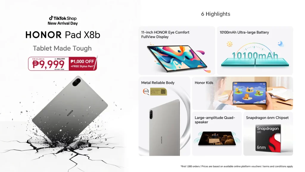 A promotional graphic for the HONOR Pad X8b titled "Tablet Made Tough." The layout features a large product shot of the Space Grey tablet on the left with a promotional price of ₱9,999 and a free stylus pen offer. The right panel details six key features: an 11-inch Eye Comfort FullView Display, a 10100mAh ultra-large battery, a metal reliable body with SGS certification, Honor Kids software, large-amplitude quad-speakers, and a Snapdragon 680 6nm chipset.