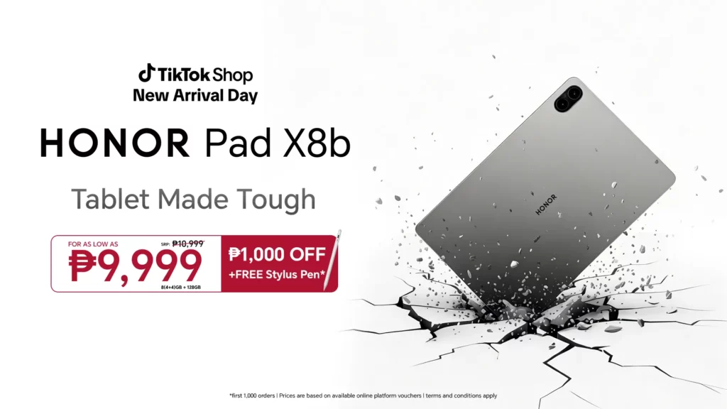 A clean promotional banner for the HONOR Pad X8b "New Arrival Day" on TikTok Shop. It features the tablet positioned diagonally against a white background with a "cracked earth" graphic effect at the base. A prominent red and white price box shows a discounted price of ₱9,999 (from an SRP of ₱10,999) and mentions a ₱1,000 discount plus a free Stylus Pen for the first 1,000 orders.