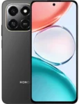 A composite view of the front and back of the HONOR Play 80 Pro in matte black. The rear panel features a large, rounded-square camera module with three lenses and a flash, finished with a subtle gold accent ring. The front shows a flat display with a centered hole-punch selfie camera and a vibrant wallpaper featuring overlapping translucent bubbles in coral, teal, and white.