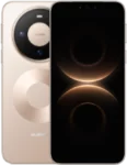 Close-up rendering of the HUAWEI Mate 80 Pro in a champagne gold or light brown color. The rear has a large, circular dark camera module. A subtle, large circular pattern in gold is visible on the back panel. The front shows the display with a camera notch and a dark, stylized wallpaper featuring glowing amber and black concentric rings.