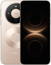 Close-up rendering of the HUAWEI Mate 80 Pro in a champagne gold or light brown color. The rear has a large, circular dark camera module. A subtle, large circular pattern in gold is visible on the back panel. The front shows the display with a camera notch and a dark, stylized wallpaper featuring glowing amber and black concentric rings.