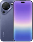 Rear and front view of the HUAWEI Pura 90. The back has a textured, matte blue finish with a unique teardrop-shaped camera housing. The front display features a wide, pill-shaped "dynamic island" cutout at the top and a soft purple-to-blue gradient wallpaper.