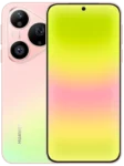Rear and front view of the HUAWEI Pura 90 Pro. The device has a soft pink-to-light-green pastel gradient finish on the back and a triangular camera module. The screen features a bright lime-green and pink gradient wallpaper with a centered punch-hole selfie camera.