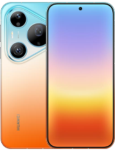 Rear and front view of the HUAWEI Pura 90 Pro Max. The back features a vibrant cyan-to-orange vertical gradient with a large, triangular triple-camera island. The front shows a bezel-less display with a centered punch-hole camera and a warm-toned sunset gradient wallpaper.